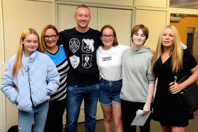 Successful students celebrate with friends and family, (left to right): Imogen Jeffrey, Christine Vicary, Phil Jeffrey, Gabby Jeffrey, Jasmine Grant and Claire Lindley.
