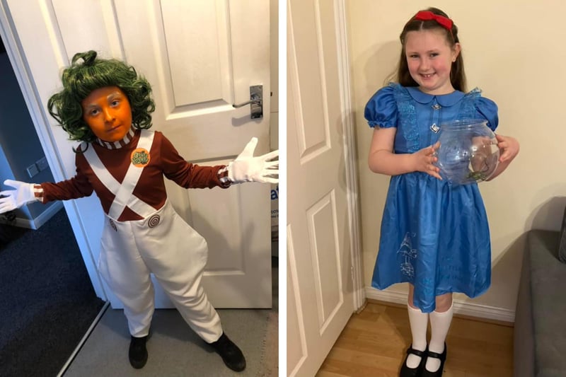 Dray Murphy, seven, as an Oompa Loompa, and Jessica Withers, seven, as Matilda.