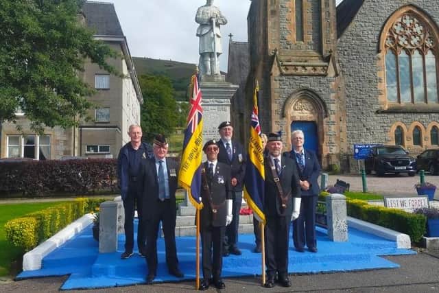Pictured at the Fort William Cenotaph are (from left) Angus McIvor-Bruce James-Susan Macnnes  and  Fort William branch secretary Jeanette Lane. Front row  (from left) Brian Hume, Kevin Wooley amd  James Porter (standard bearer).