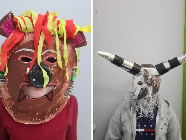 Two of the masks made by Lithuanian children in Boston for the upcoming festival.