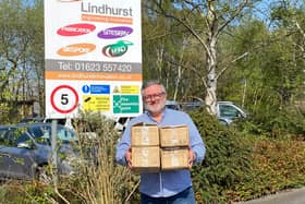 Martin Rigley MBE, managing director of Lindhurst Engineering Ltd in Sutton in Ashfield, with a donation of 1,000 masks from SDC Trailers in Mansfield.