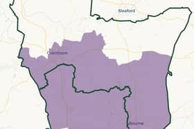 Grantham & Bourne's new constituency boundaries (purple is the former Grantham & Stamford)