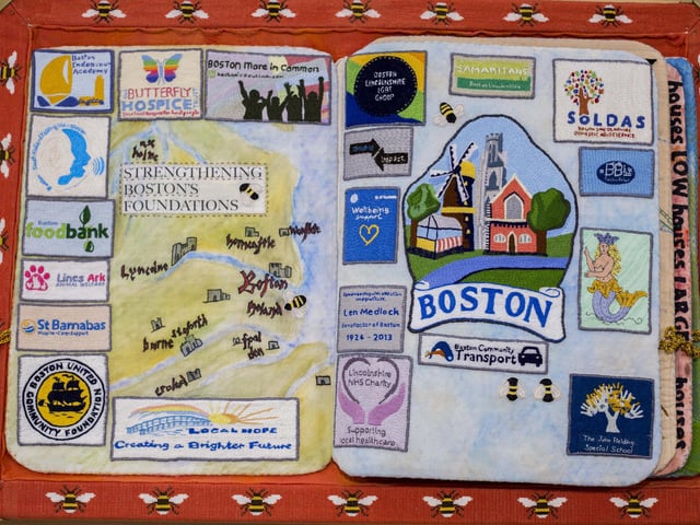 The sign that welcomes people to Boston recreated in stitch as part of the project.