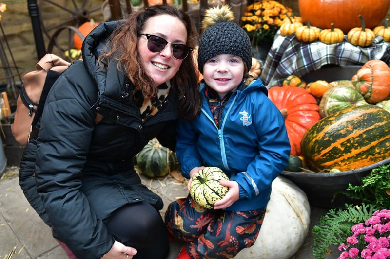 Emma and Jasper Hill, aged three, with some of the colourful pumpkins and squashes.