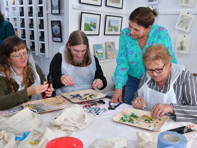 Green Enchantment workshop at Hammond House Gallery L-RSarah Teasel, Matthew Heywood, Clare Riordan of Green Enchantment, and Wendy Day. Photo: David Dawson