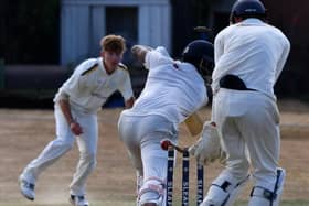 Mackenzie Ross clean bowls Tharindu in Sleaford's Sunday win over Bracebridge Heath.