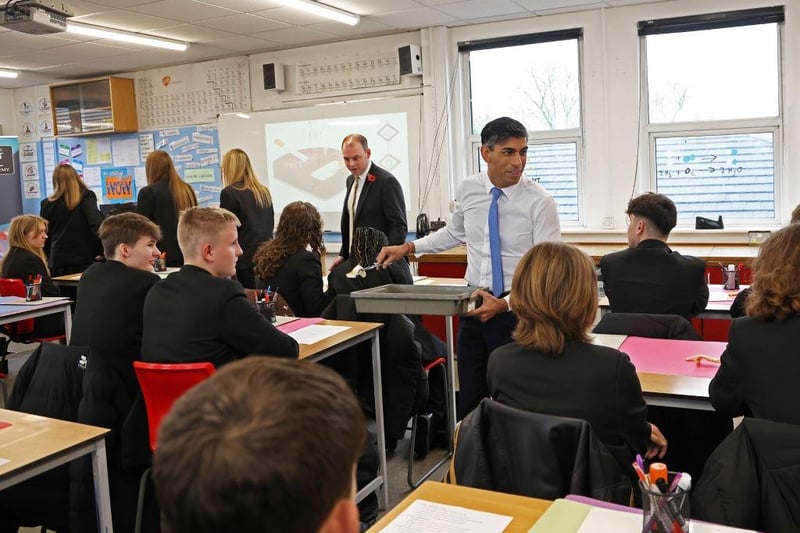 Britain's Prime Minister Rishi Sunak at Giles Academy in Old Leake. (Photo by Darren Staples - WPA Pool/Getty Images)