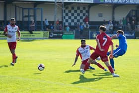 Declan Howe nets his ninth goal of the campaign in the draw with Stockton. Photo by Russell Dickens.