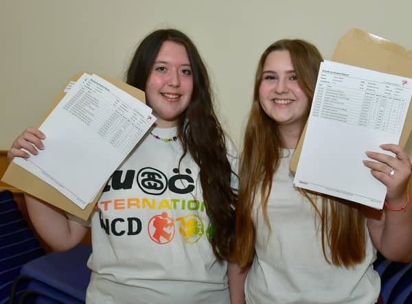 From left - Ruby Eaton, 16, Ruby Mason, 16, get their GCSE results at St George's Academy, Sleaford.