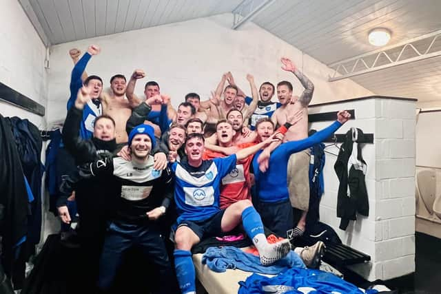 Boston Town's players celebrate after making the Lincs Senior Cup final.