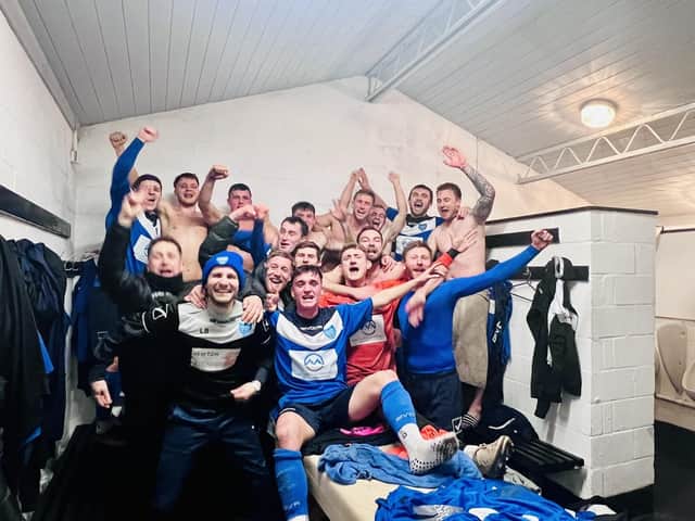 Boston Town's players celebrate after making the Lincs Senior Cup final.