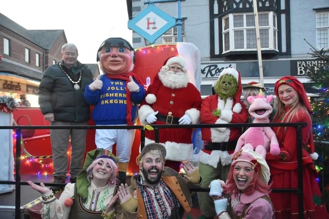 Mayor of Skegness Coun Peter Barry and the Jolly Fisherman are joined by Santa Claus and Neverland Theatre performers for the switch-on.