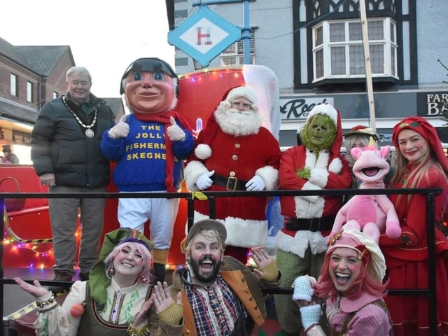 Mayor of Skegness Coun Peter Barry and the Jolly Fisherman are joined by Santa Claus and Neverland Theatre performers for the switch-on.