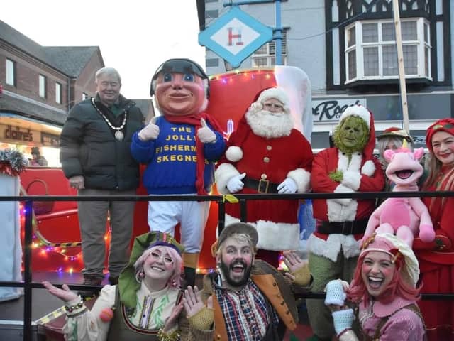 Mayor of Skegness Coun Peter Barry and the Jolly Fisherman are joined by Santa Claus and Neverland Theatre performers for the switch-on.