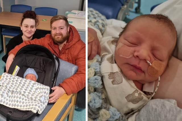 Sadie and Daniel pictured with baby Theodore shortly before leaving Pilgrim Hospital, and right, Baby Theodore at one day old.