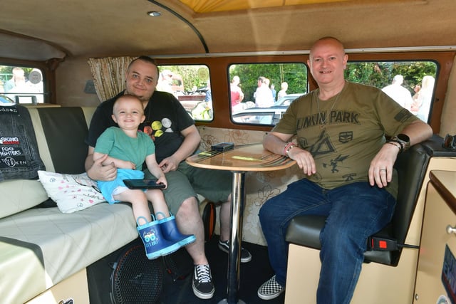 Mark Correia of North Kyme with his son Jamie Correia and Grandson Theo Correia 3, sitting in their 1966 VW Campervan
