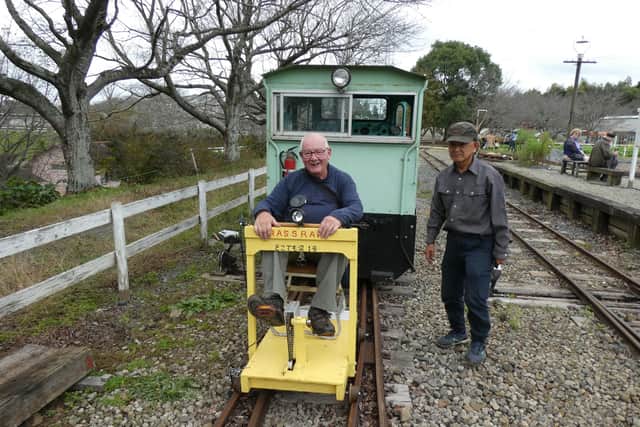 LCLR volunteer Chris Bates pedals the cycle trolley used to help maintenance on the Rass Chijin line. Photo: Chris Bates/LCLR).