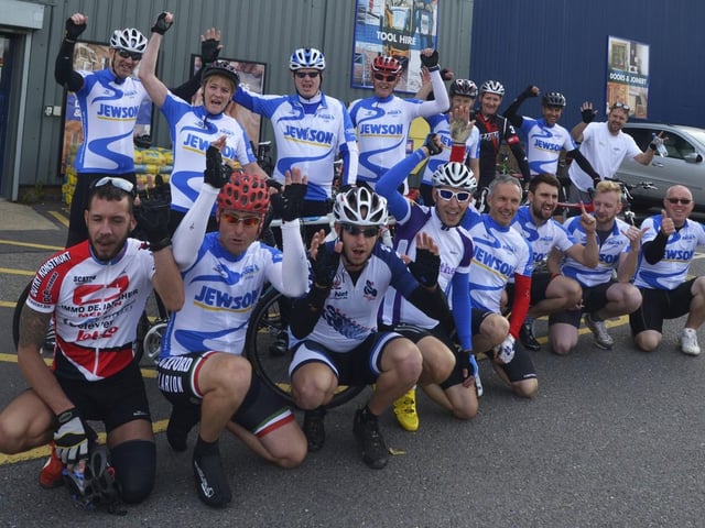 A charity fundraiser organised by Jewson, the builders' merchant, involved colleagues, suppliers and customers completing long-distance rides. Locally, it saw a team set off from Mablethorpe for Newark, making a stop at Louth, pictured.