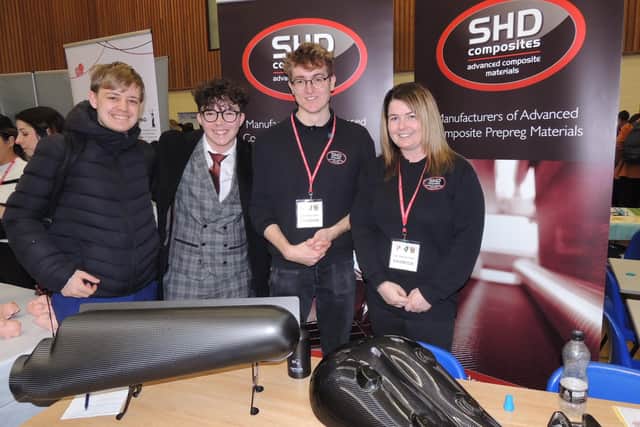 Students Dylan Harvey and Daniel O’Halloran, with Will Godfrey and Emily Nicholson of SHD Composites of Sleaford.