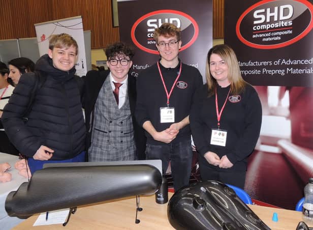 Students Dylan Harvey and Daniel O’Halloran, with Will Godfrey and Emily Nicholson of SHD Composites of Sleaford.