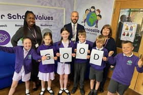 Celebrating Horncastle Primary School's Good Ofsted, from left back: SENCO and inclusion lead Shecaniah Morgan, headteacher Andy Cook, and safeguarding lead Eiry Leak.Front: Freya Leesing, 8, Jada Ross, 8, Hattie Todd, 8, George Mowbray, 8, James Rawdon, 8 and Theo Allen, 8.