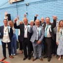 Reform candidates and supporters celebrate taking four of the 11 county council seats in North Kesteven. The Tories hung onto six there and Lincolnshire Independents one.