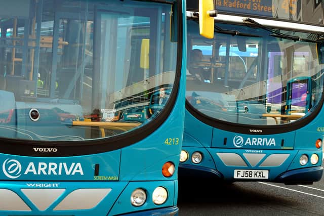 Arriva buses in Derby. Bus and rail firm Arriva agreed to a 1.59 billion takeover by German operator Deutsche Bahn to create a new European transport giant.