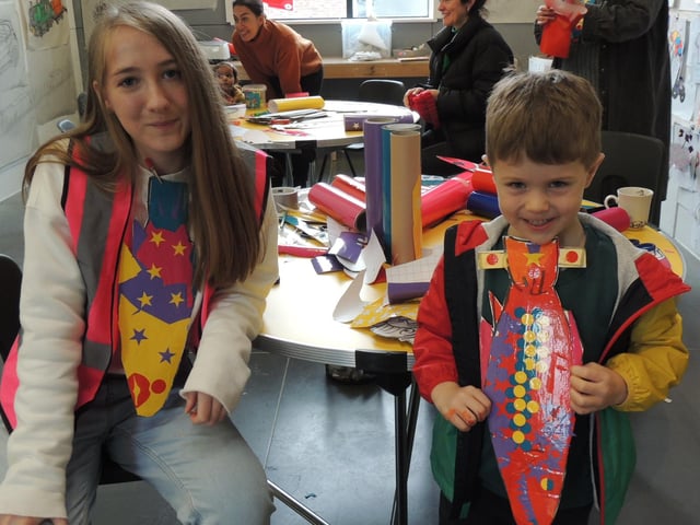 Making kipper ties in The Hub. From left - Eva King, Hub volunteer, and Jack Taylor, four, of Horbling.