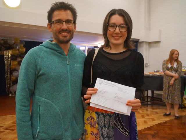Scout Cook-Collins admitted she didn't feel confident going into the exams. Having only moved to De Aston at the beginning of Year 11, she had to adapt to a different syllabus and had to drop some of her planned subjects. However, her hard work paid off with some great results, including 9s in English Literature and English Language. Scout is pictured with dad Paul Collins. She will be staying at De Aston to study for her A-levels in English Literature, Sociology and Geography.