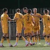 Matt Thornhill (centre) celebrates Basford's opener on Tuesday night (IMAGE: Mick Gretton)