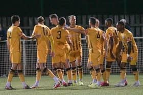 Matt Thornhill (centre) celebrates Basford's opener on Tuesday night (IMAGE: Mick Gretton)
