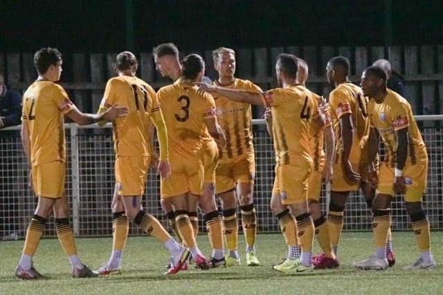 Matt Thornhill (centre) celebrates Basford's opener on Tuesday night (IMAGE: Mick Gretton)