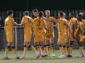 Matt Thornhill (centre) celebrates Basford's opener on Tuesday night (IMAGE: Mick Gretton)