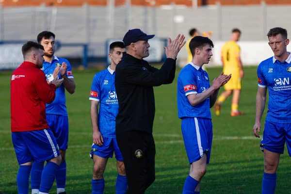Wilcox applauds the fans following his side's 2-1 win over Bamber Bridge on Saturday. Photo: Foxby Media.
