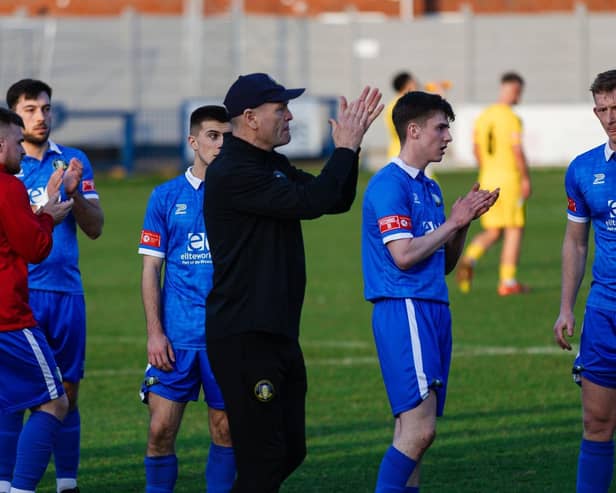 Wilcox applauds the fans following his side's 2-1 win over Bamber Bridge on Saturday. Photo: Foxby Media.