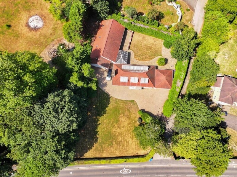 A bird's-eye view of the home and its grounds.