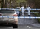 OMAGH, NORTHERN IRELAND - FEBRUARY 23: Police and forensics are seen at the scene of last nights shooting of a high profile PSNI officer at the Youth Sports Centre on February 22, 2023 in Omagh, Northern Ireland. (Photo by Charles McQuillan/Getty Images)