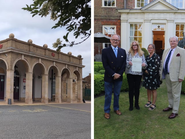 First place went to East Midlands Railway for Boston Railway Station. Pictured are Mary Tierney and Rachel Coulbeck from Boston Railway Station, alongside Martin Fairman, chairman of Boston Preservation Trust, and Dudley Bryant, chairman of the Civic Group.