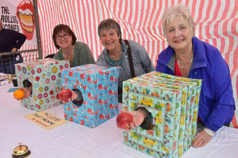 The Human Fruit Machine, from left: Carla Jones, Cathy Barker and Jackie Chalkley of The Rolling Stones WI.