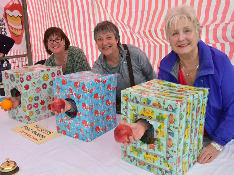 The Human Fruit Machine, from left: Carla Jones, Cathy Barker and Jackie Chalkley of The Rolling Stones WI.