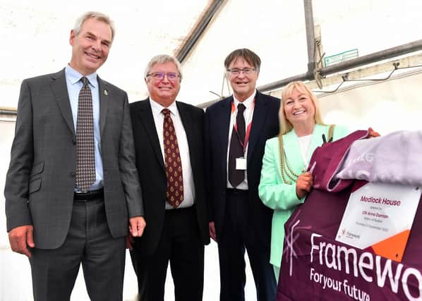 Pictured from left, Mr Tim Strawson, High Sheriff of Lincolnshire, funder Mr David Medlock, Framework Chief Exec Andrew Redfern and Mayor of Boston, Coun Anne Dorrian.