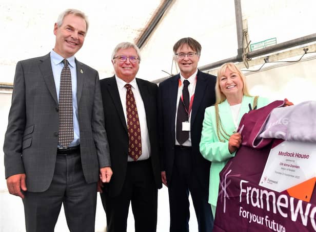 Pictured from left, Mr Tim Strawson, High Sheriff of Lincolnshire, funder Mr David Medlock, Framework Chief Exec Andrew Redfern and Mayor of Boston, Coun Anne Dorrian.