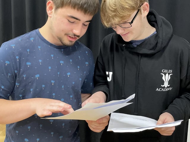 Collecting their results at Giles Academy, Old Leake, Bailey Faulkner and Thomas Hall.