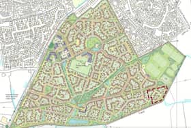 Plans for the overall Handley Chase development in Sleaford. New plans for 46 homes are in red in the south-east corner. From planning documents. Credit: Bellway Homes