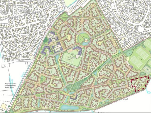 Plans for the overall Handley Chase development in Sleaford. New plans for 46 homes are in red in the south-east corner. From planning documents. Credit: Bellway Homes