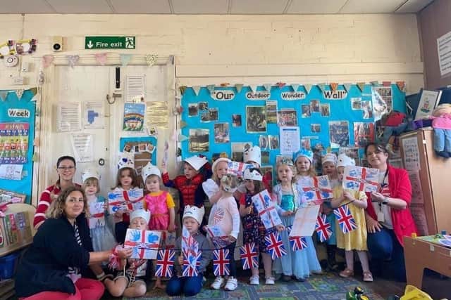 Children at Kirkby on Bain Nursery took part in a Royal one-mile Toddle all dressed up in Royal regalia and hand-made flags and crowns.