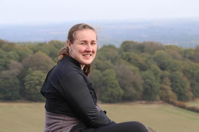 Abi Wa;ler - all set to take on a string of hiking and climbing challenges including a coast to coast along Hadrian's Wall and the Three highest peaks in the UK.