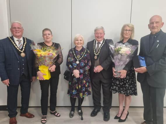 All change - the new Mayor and Mayoress of Skegness Coun Tony and Lin Tye, deputy Mayor Coun Pete Barry and Mayoress  Christine Barry and outgoing Mayor and Mayoress Coun Trevor and Jane Burnham.