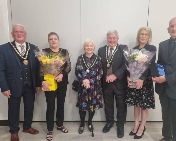 All change - the new Mayor and Mayoress of Skegness Coun Tony and Lin Tye, deputy Mayor Coun Pete Barry and Mayoress  Christine Barry and outgoing Mayor and Mayoress Coun Trevor and Jane Burnham.