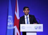 Rishi Sunak pictured delivering a speech at the COP26 UN Climate Summit in Glasgow last year. PIC: DANIEL LEAL/AFP via Getty Images
